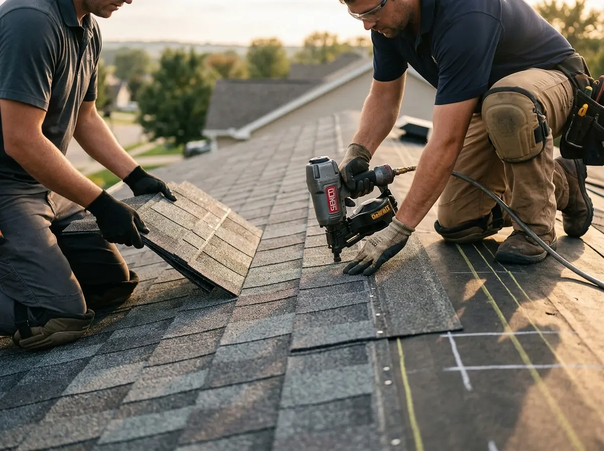 Professional roofer working on a residential roof in North Coventry